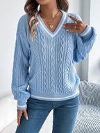 Cable Knit V-neck Long Sleeve Sweater (5)