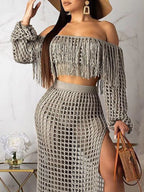 Full Size Crochet Off-shoulder Fringe Top Skirt Set Plus (23)