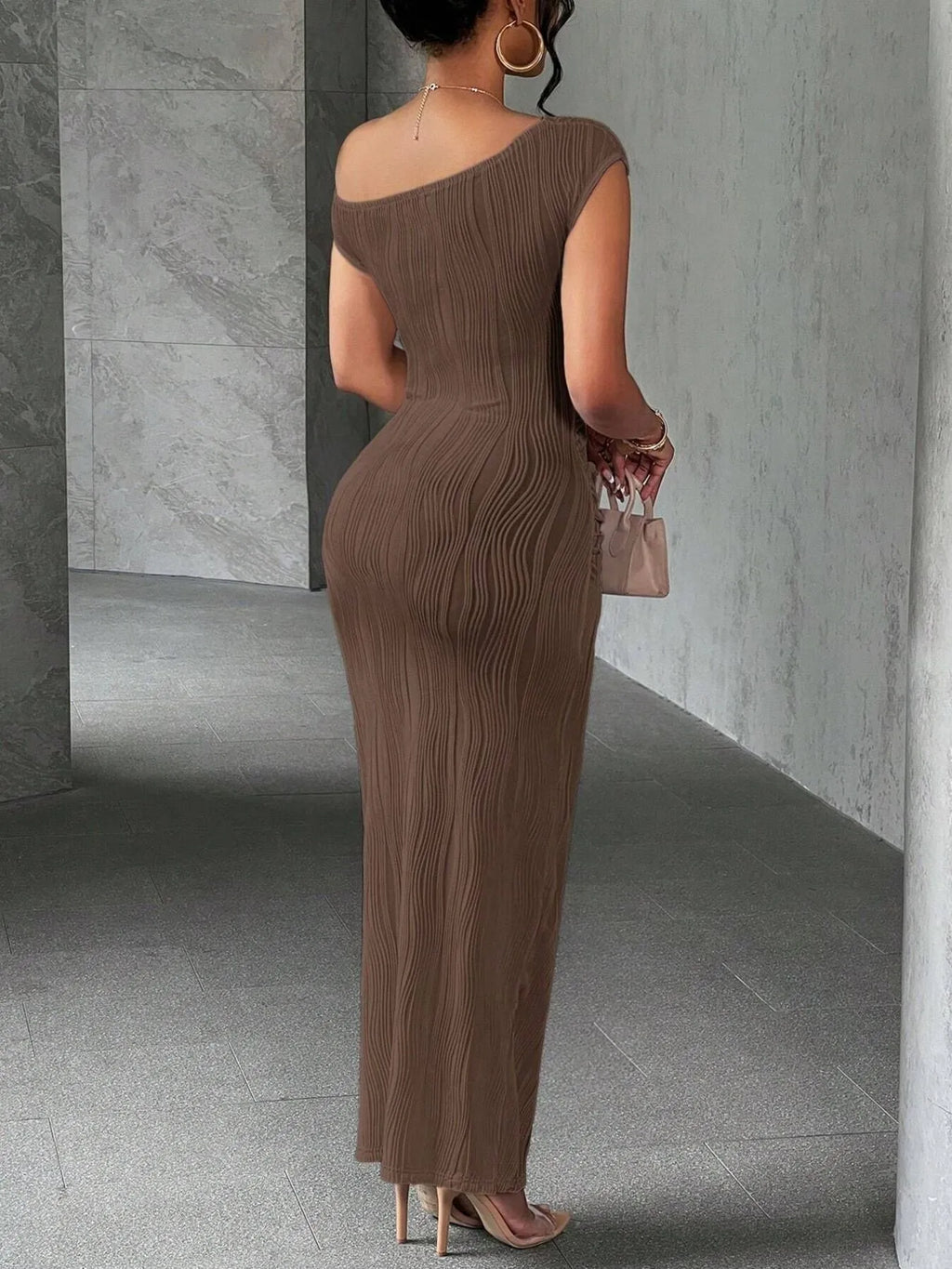 Textured Single Shoulder Bodycon Maxi Dress (5)