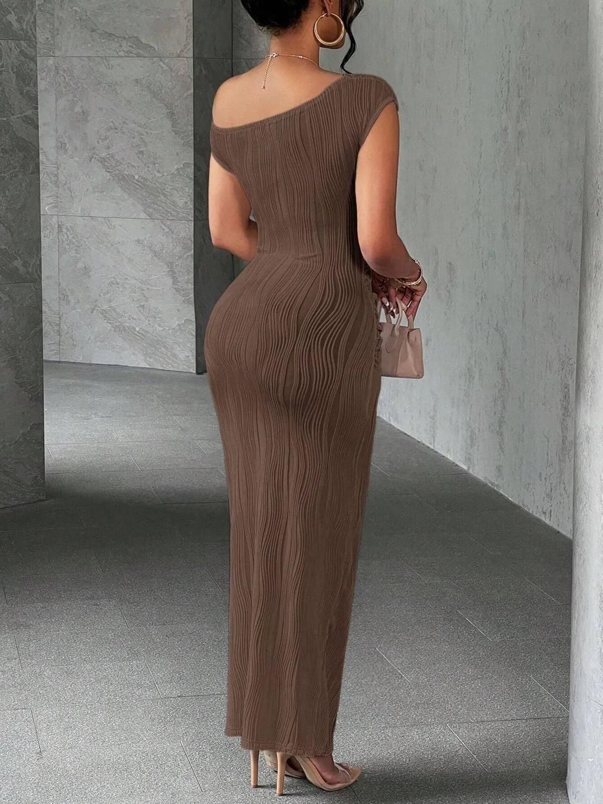 Textured Single Shoulder Bodycon Maxi Dress (5)