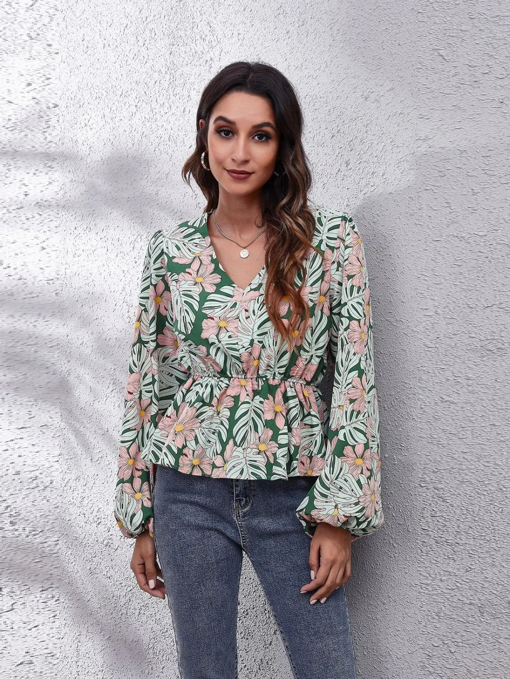 Ruched Printed V-neck Long Sleeve Blouse (23)