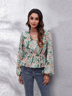 Ruched Printed V-neck Long Sleeve Blouse (23)