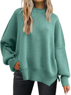 Slit Round Neck Dropped Shoulder Sweater (35)
