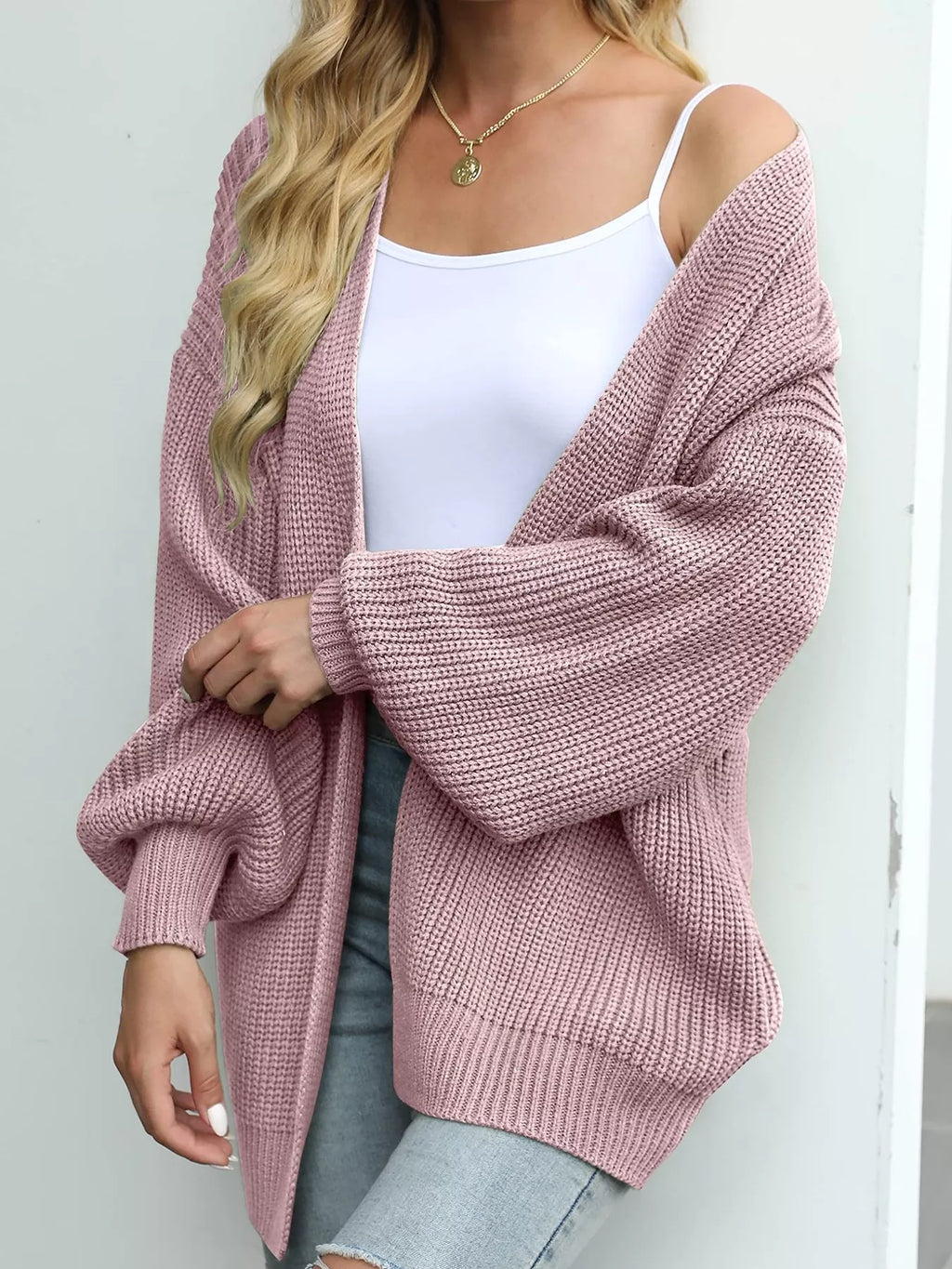 Chunky Knit Open Front Cardigan Lantern Sleeves (2)