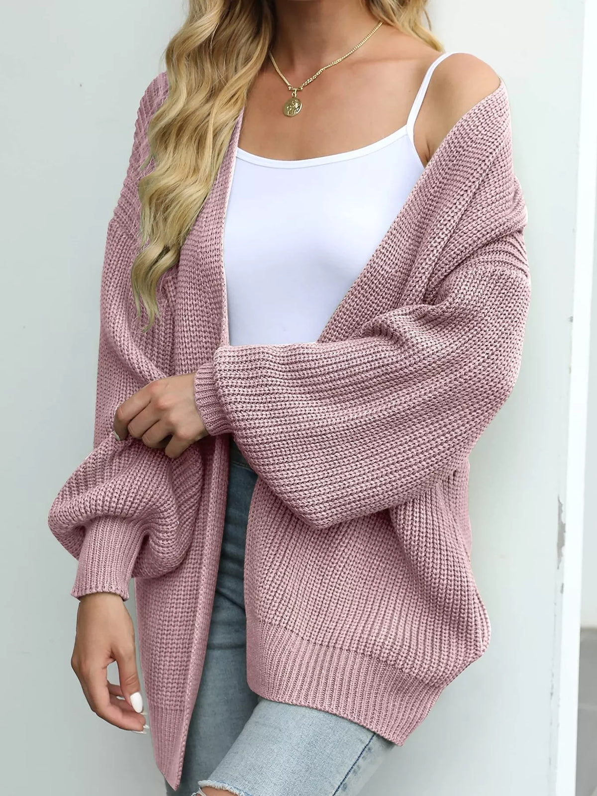 Chunky Knit Open Front Cardigan Lantern Sleeves (2)