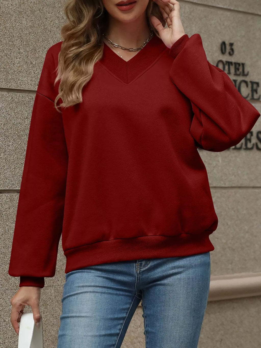 V-neck Solid Color Casual Sweatshirt (19)