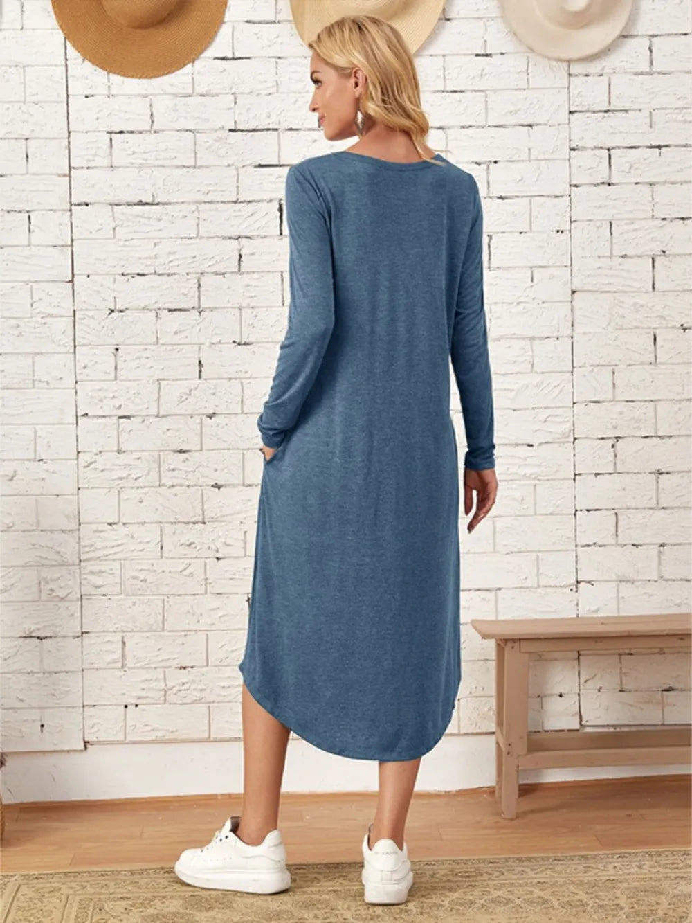 Pocketed Round Neck Long Sleeve Tee Dress (18)