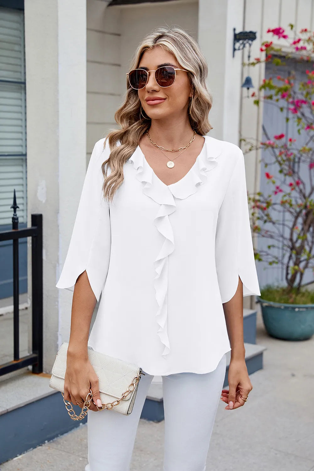 Ruffled V-neck Three-quarter Sleeve Blouse (20)