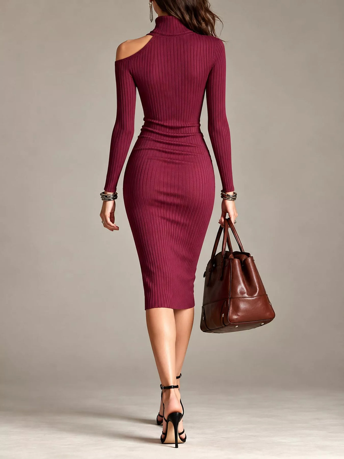 Cold-shoulder Turtleneck Ribbed Knit Dress (9)