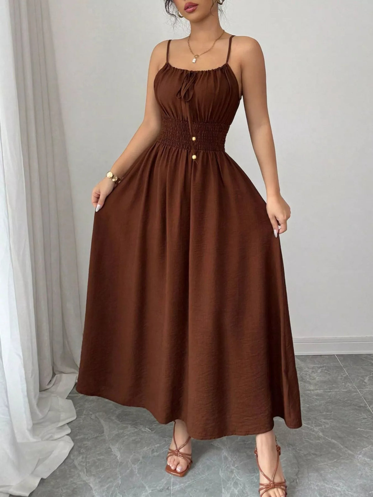Smocked Spaghetti Strap Midi Dress (9)