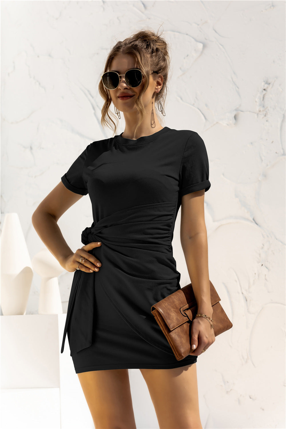 Round Neck Cuffed Sleeve Side Tie Dress (5)