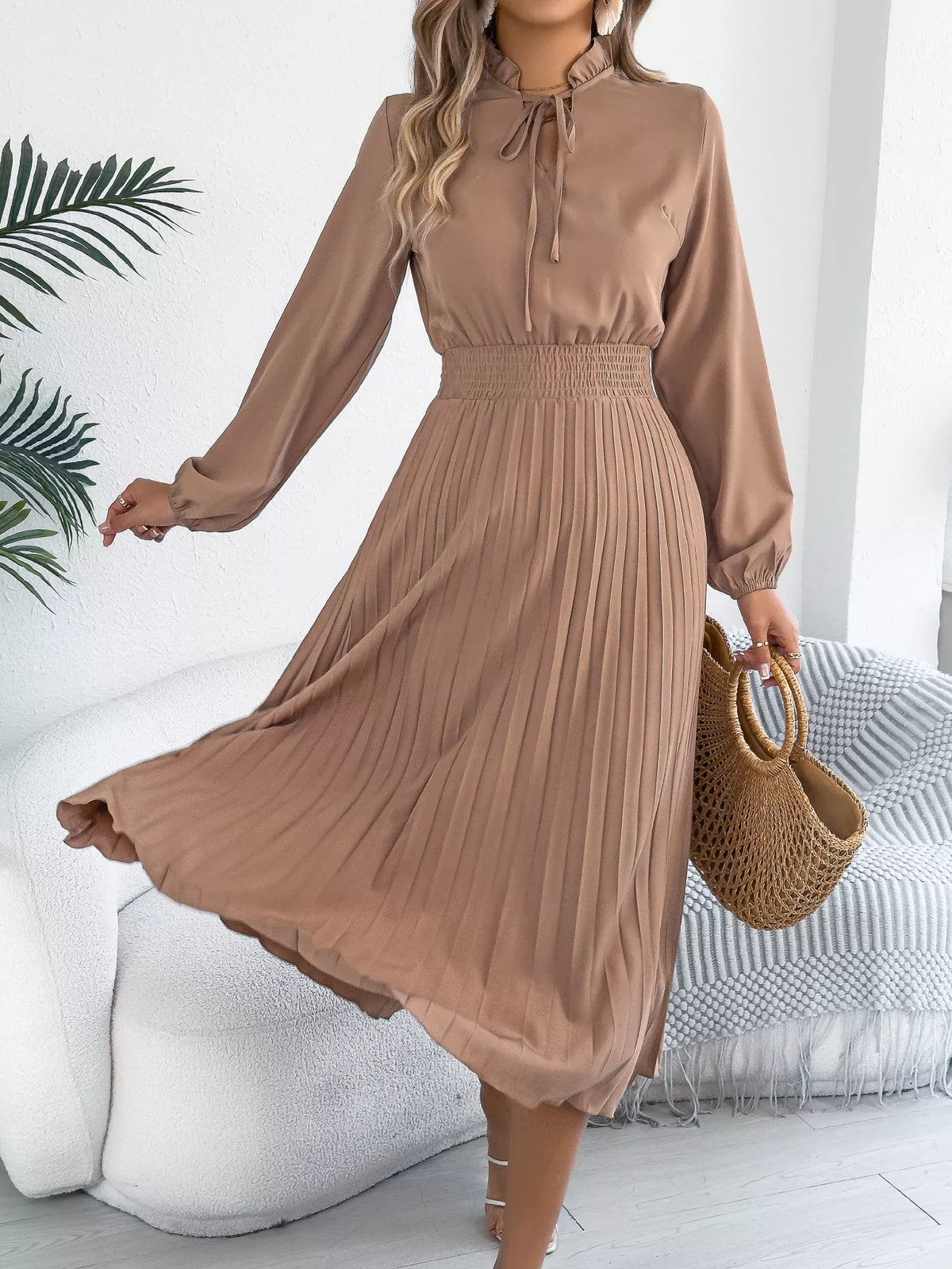Smocked Pleated Tie Neck Dress (10)