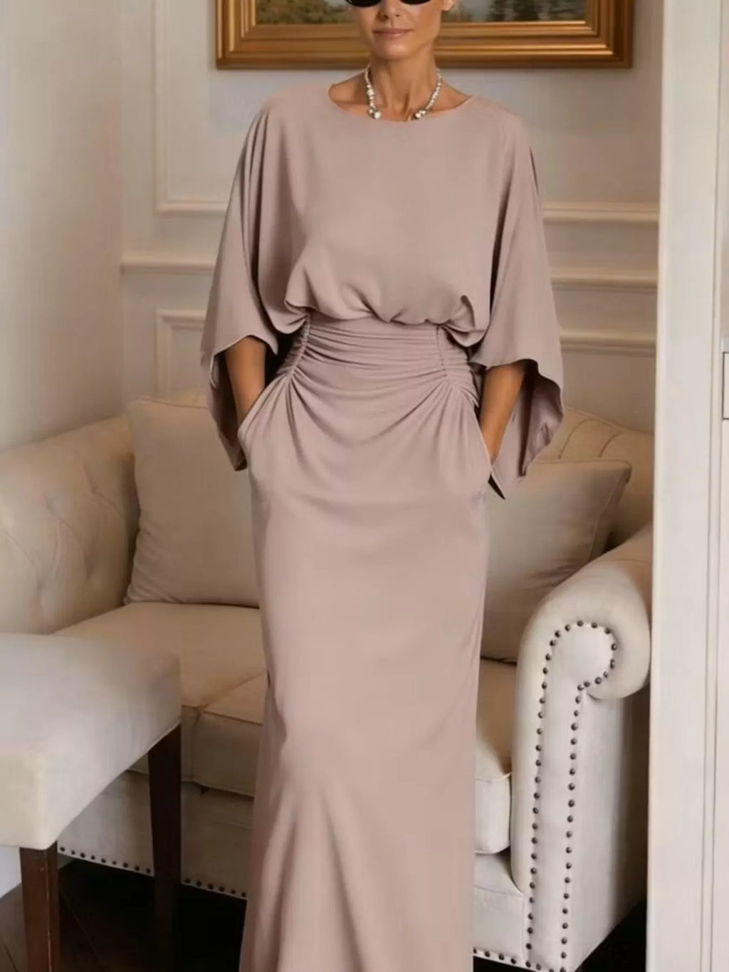 Batwing Sleeve Ruched Maxi Dress (5)