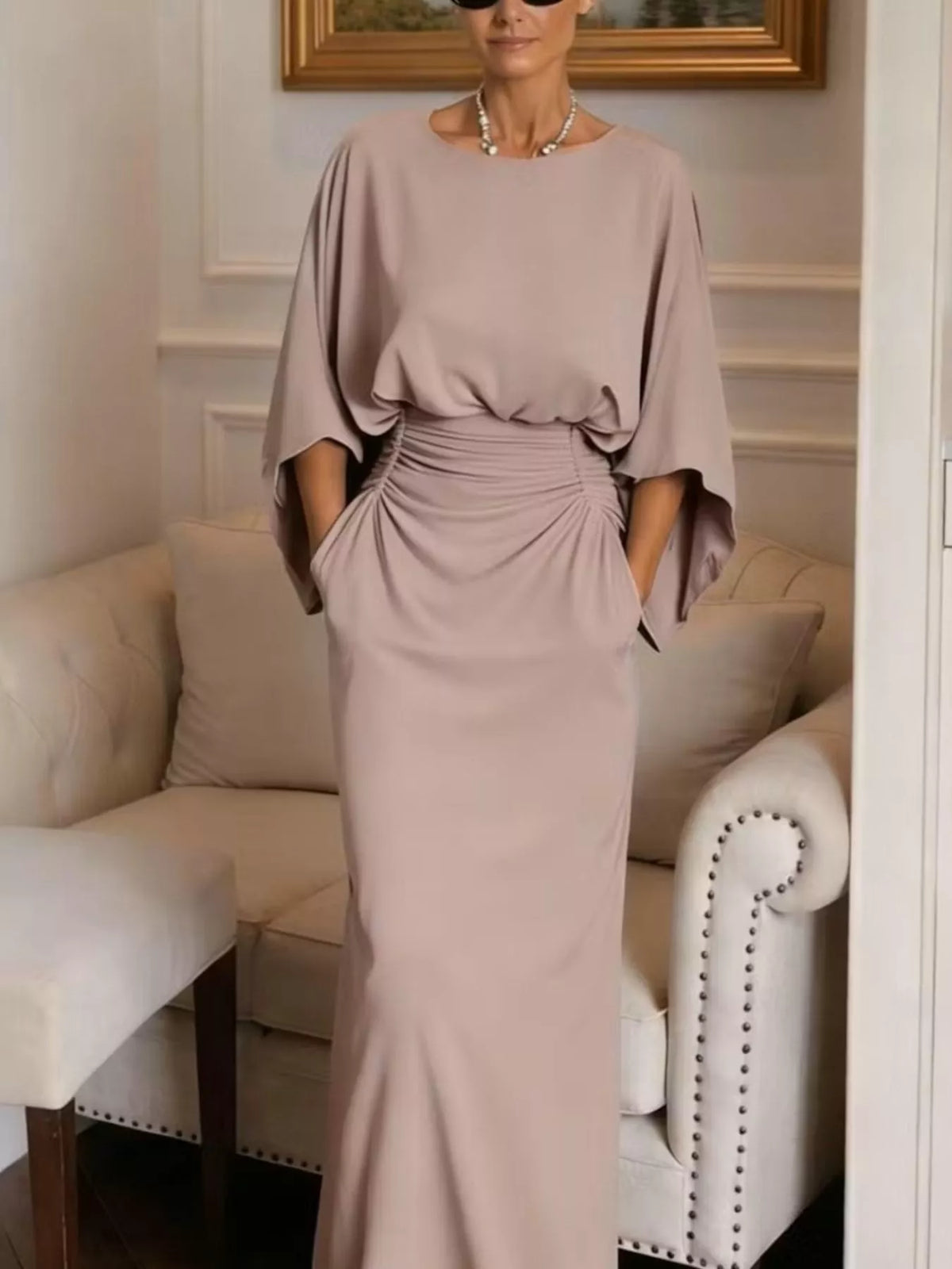 Batwing Sleeve Ruched Maxi Dress (5)