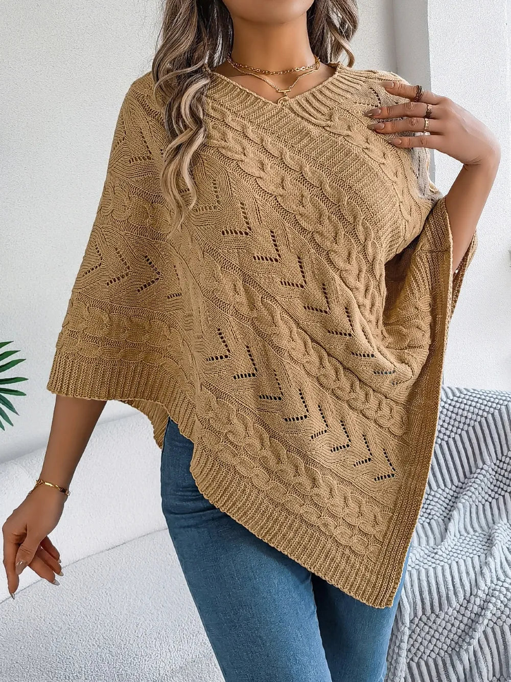 Cable-knit Openwork Three-quarter Sleeve Sweater (8)