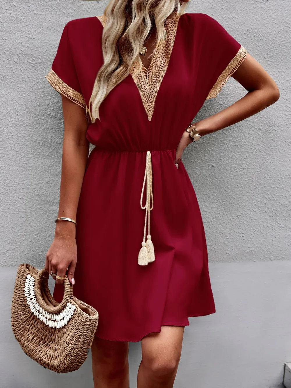Contrast Trim V-neck Short Sleeve Mini Dress (20)