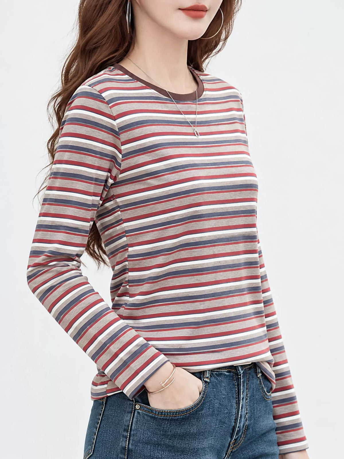 Full Size Long Sleeve Striped Crew Neck Casual T-shirt Plus (4)