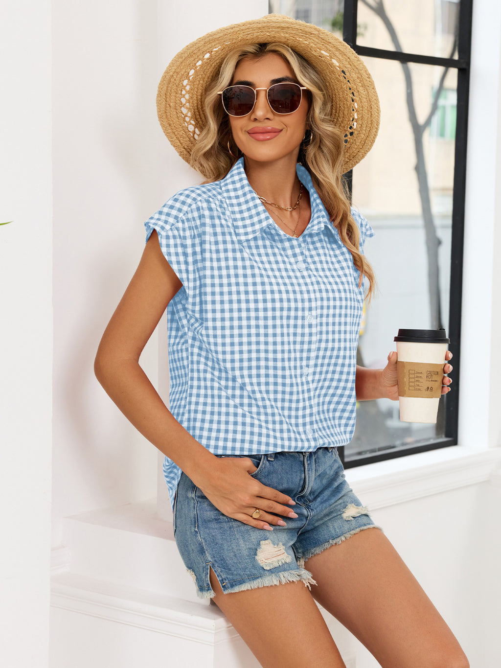 Plaid Button Up Cap Sleeve Shirt (12)