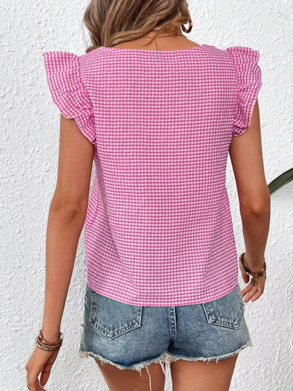 Gingham Ruffle Sleeve Square Neck Blouse (8)