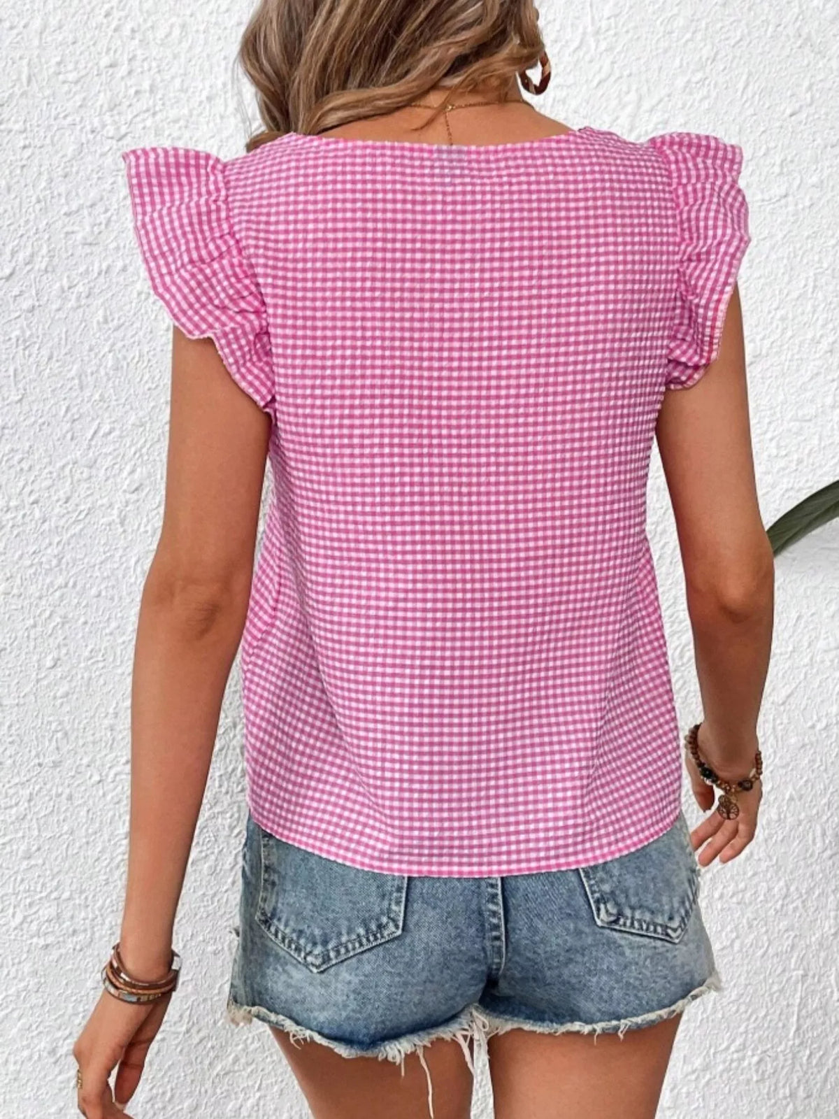 Gingham Ruffle Sleeve Square Neck Blouse (8)