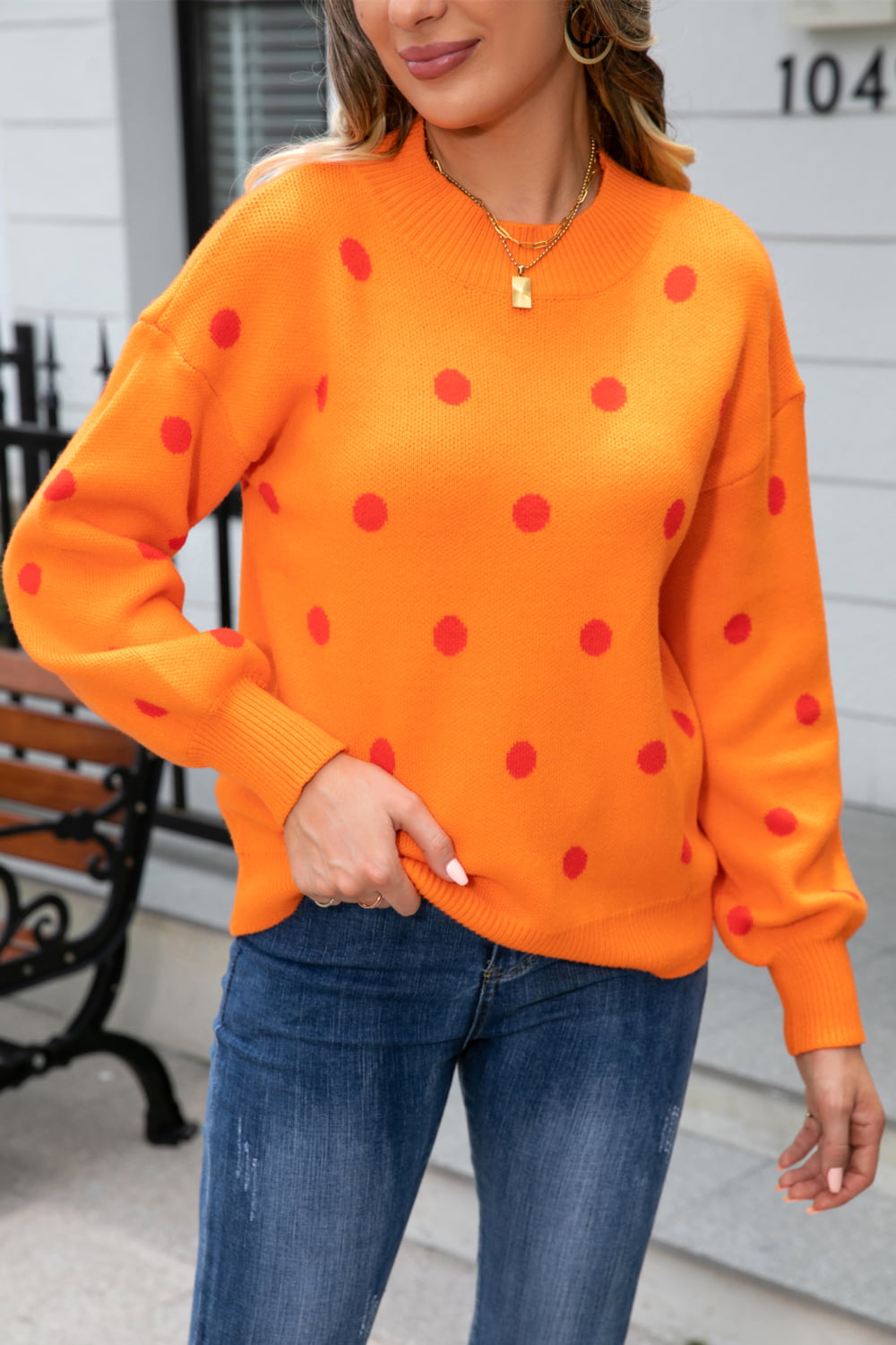 Woven Right Polka Dot Round Neck Dropped Shoulder Sweater (19)