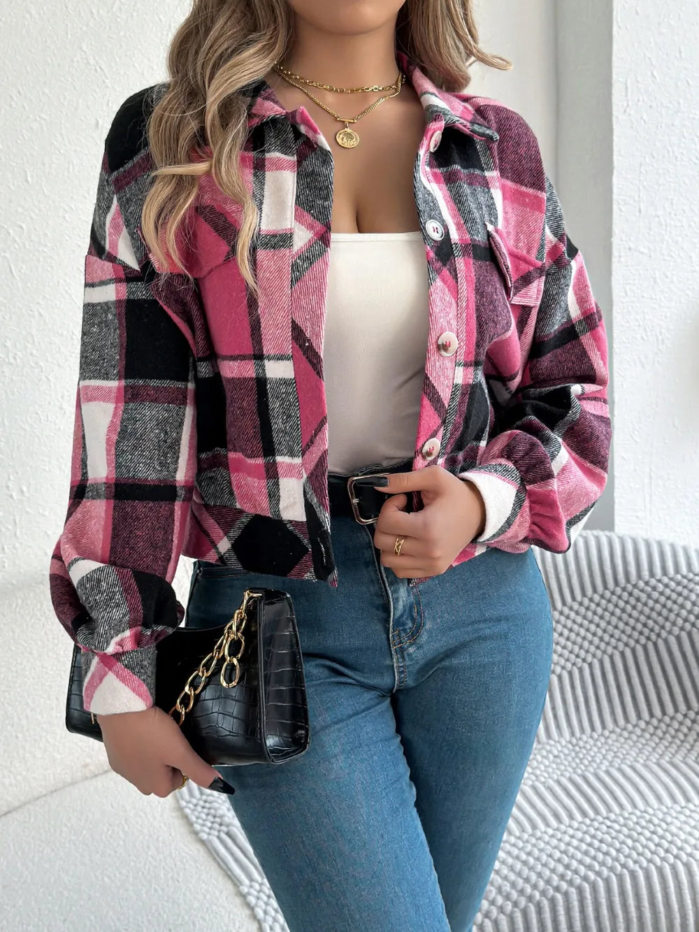 Plaid Button Up Long Sleeve Jacket (30)