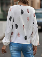 Feather Print Notched Balloon Sleeve Top (4)
