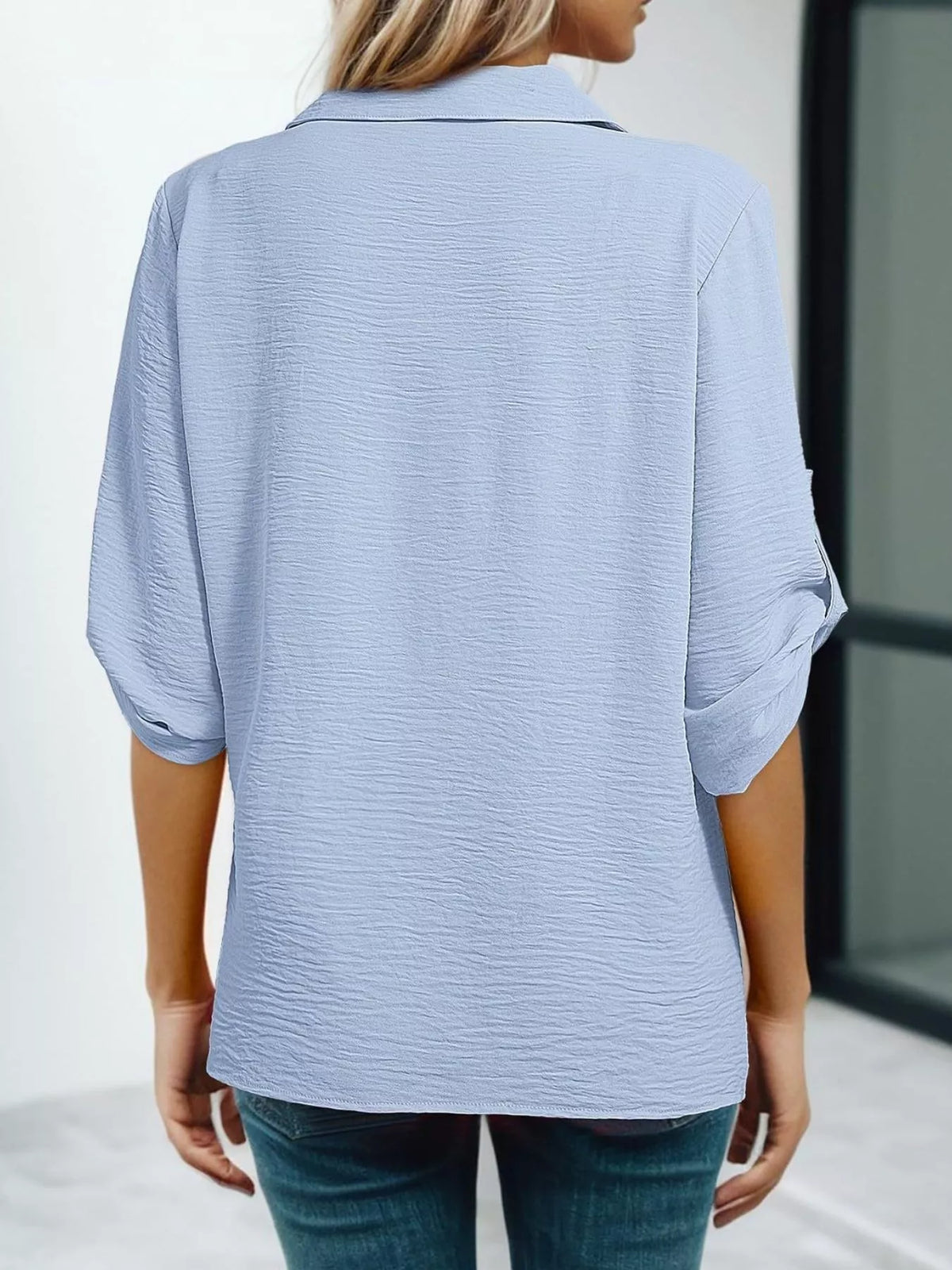 Johnny Collar Roll-up Sleeve Blouse (9)
