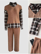 Ribbed Knit Plaid Sleeve Top Pants Set (9)