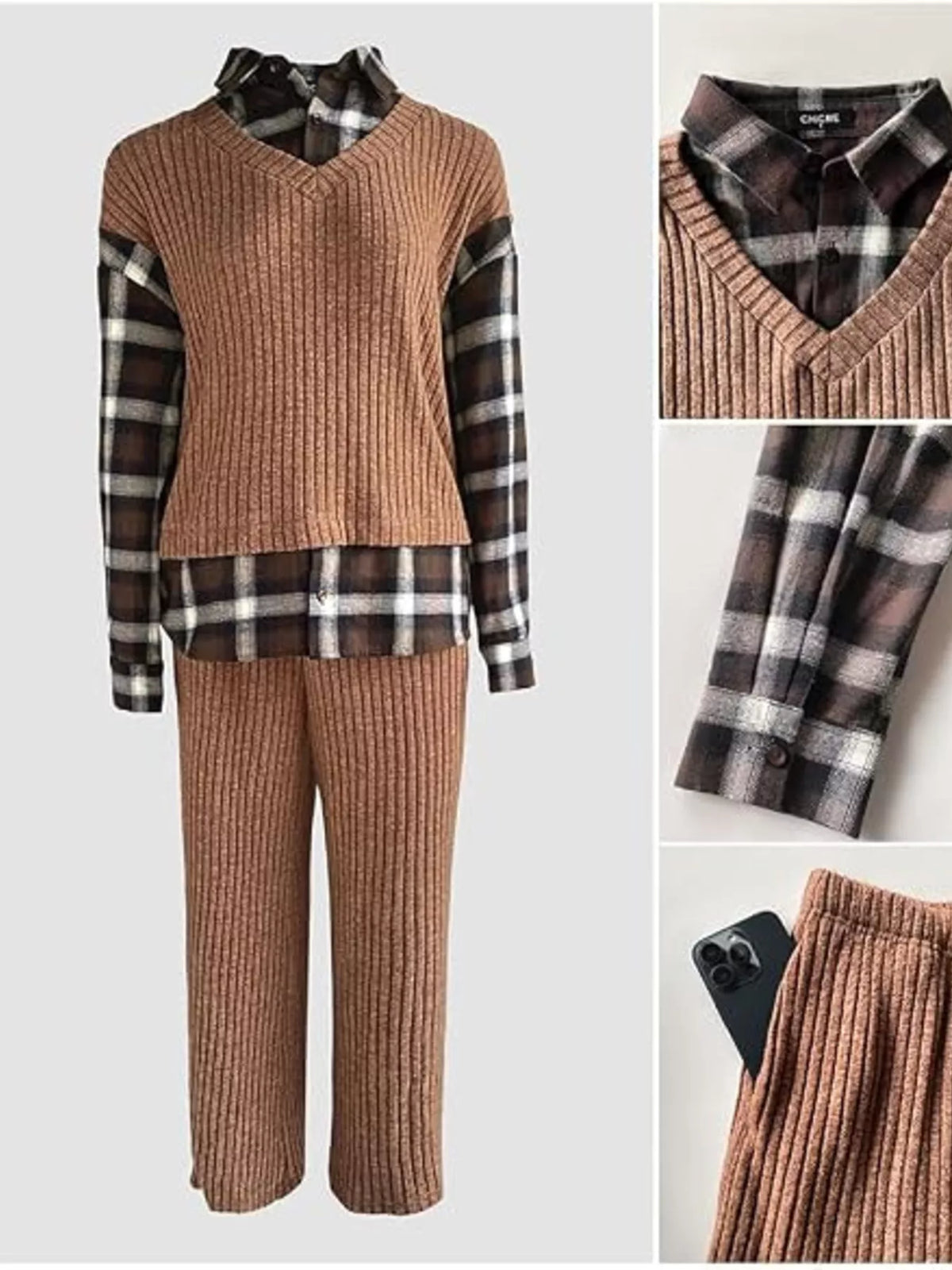 Ribbed Knit Plaid Sleeve Top Pants Set (9)