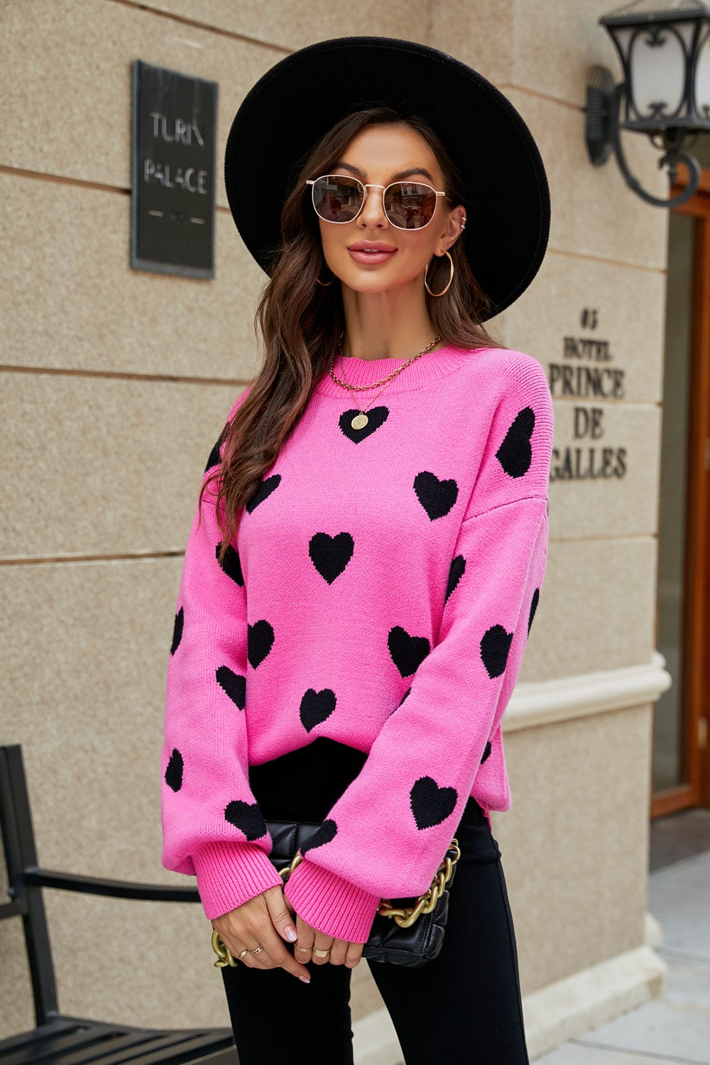 Heart Pattern Lantern Sleeve Round Neck Tunic Sweater (11)