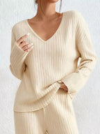 Ribbed Knit V-neck Top Pants Set (5)