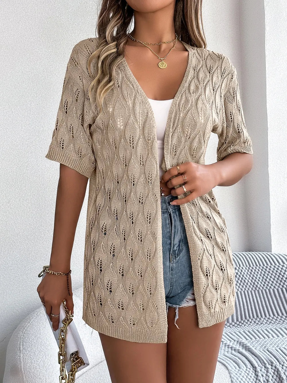Openwork Open Front Short Sleeve Cardigan (6)