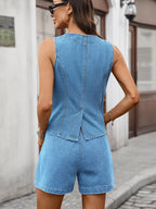 Sleeveless Button-down Denim Vest Shorts Set (3)