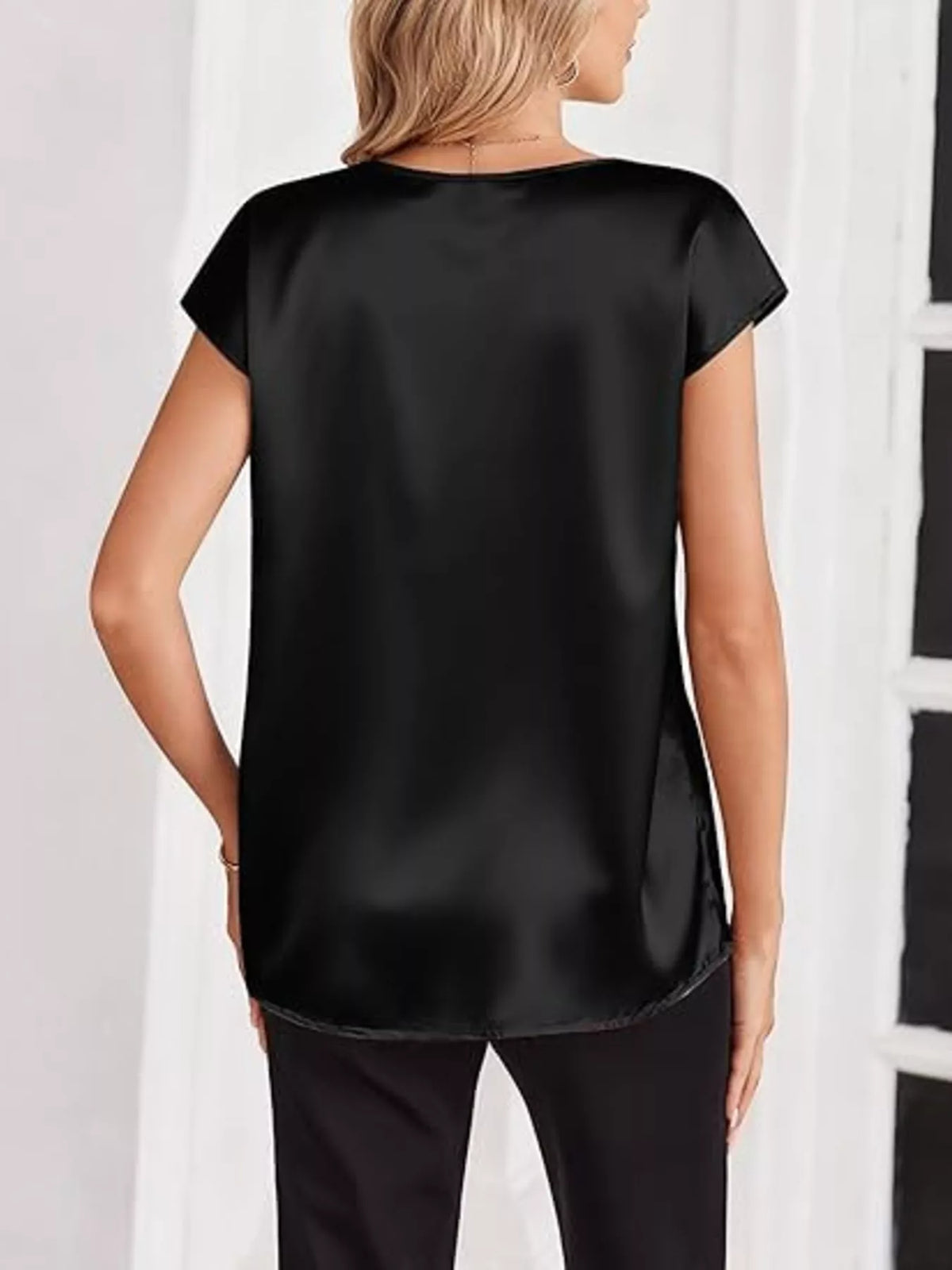 Satin V-neck Short Sleeve Blouse (6)