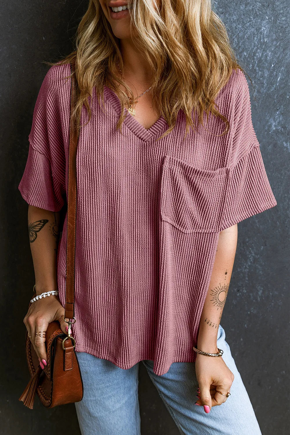 Textured V-neck Dropped Shoulder T-shirt (27)