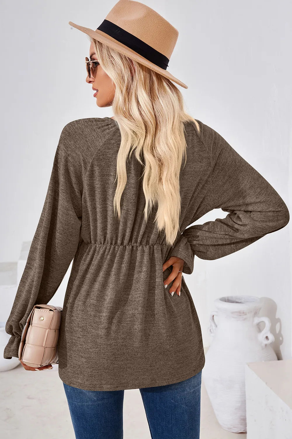Ruched Round Neck Flounce Sleeve Blouse (12)