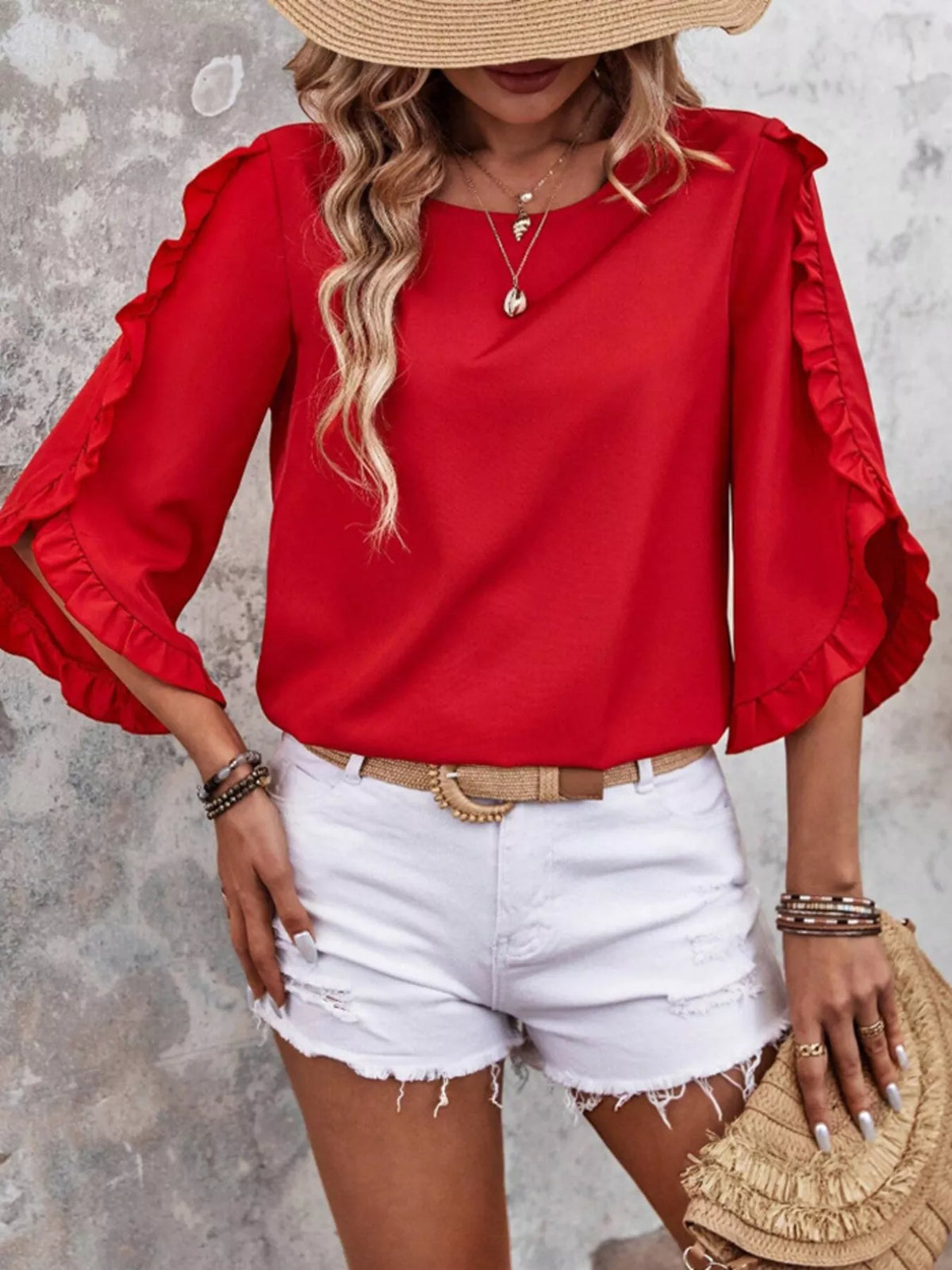 Ruffle Sleeve Solid Color Blouse (3)