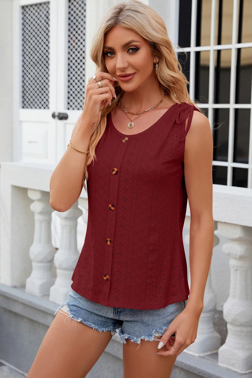 Eyelet Round Neck Wide Strap Tank (22)