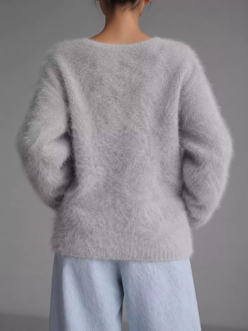 Fuzzy V-neck Button-down Cardigan (2)