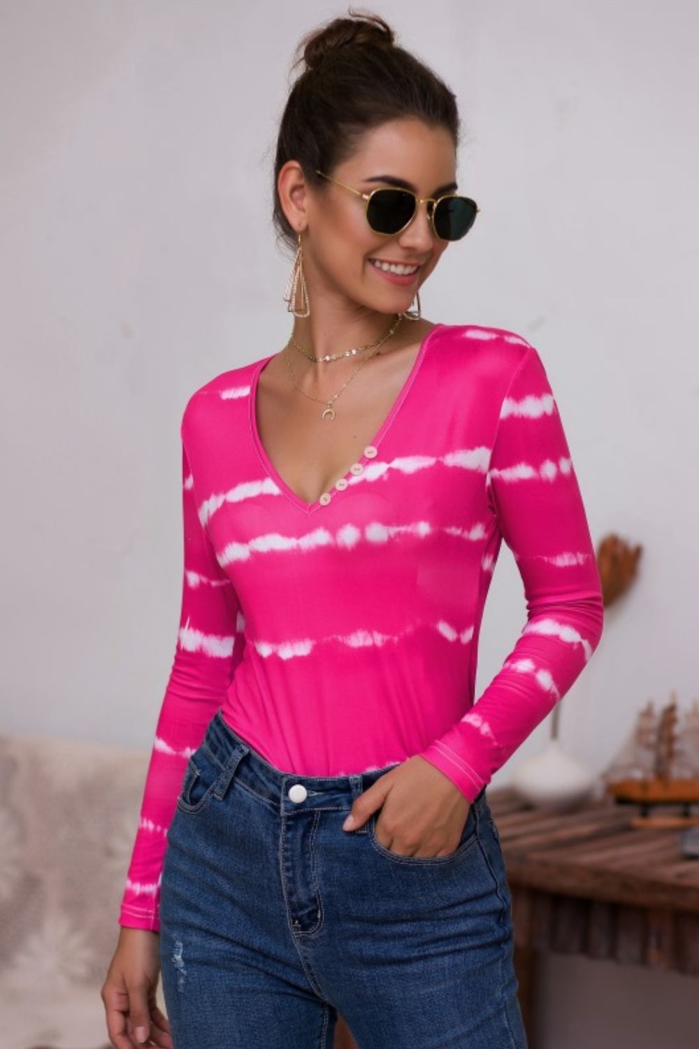 Tie-dye Plunge Long Sleeve Top (3)