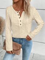 Openwork Half Button Long Sleeve Blouse (11)