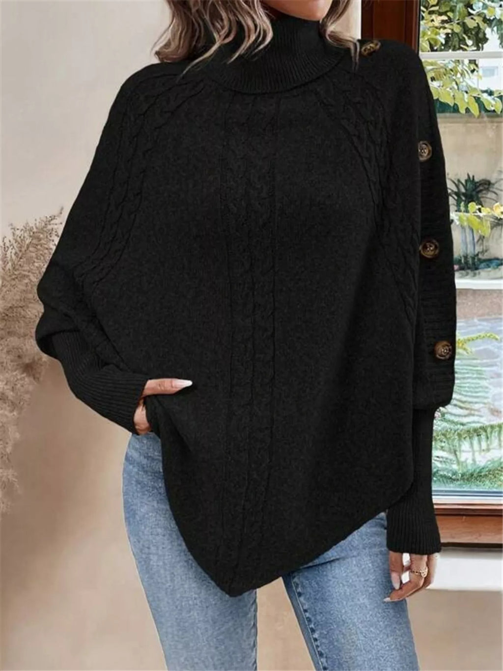 Cable Knit Turtleneck Cape Sweater (10)