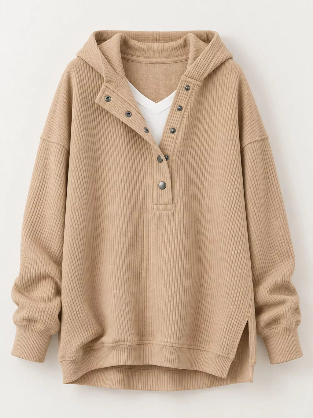 Full Size Snap Button Placket Dropped Shoulder Hoodie Plus (26)