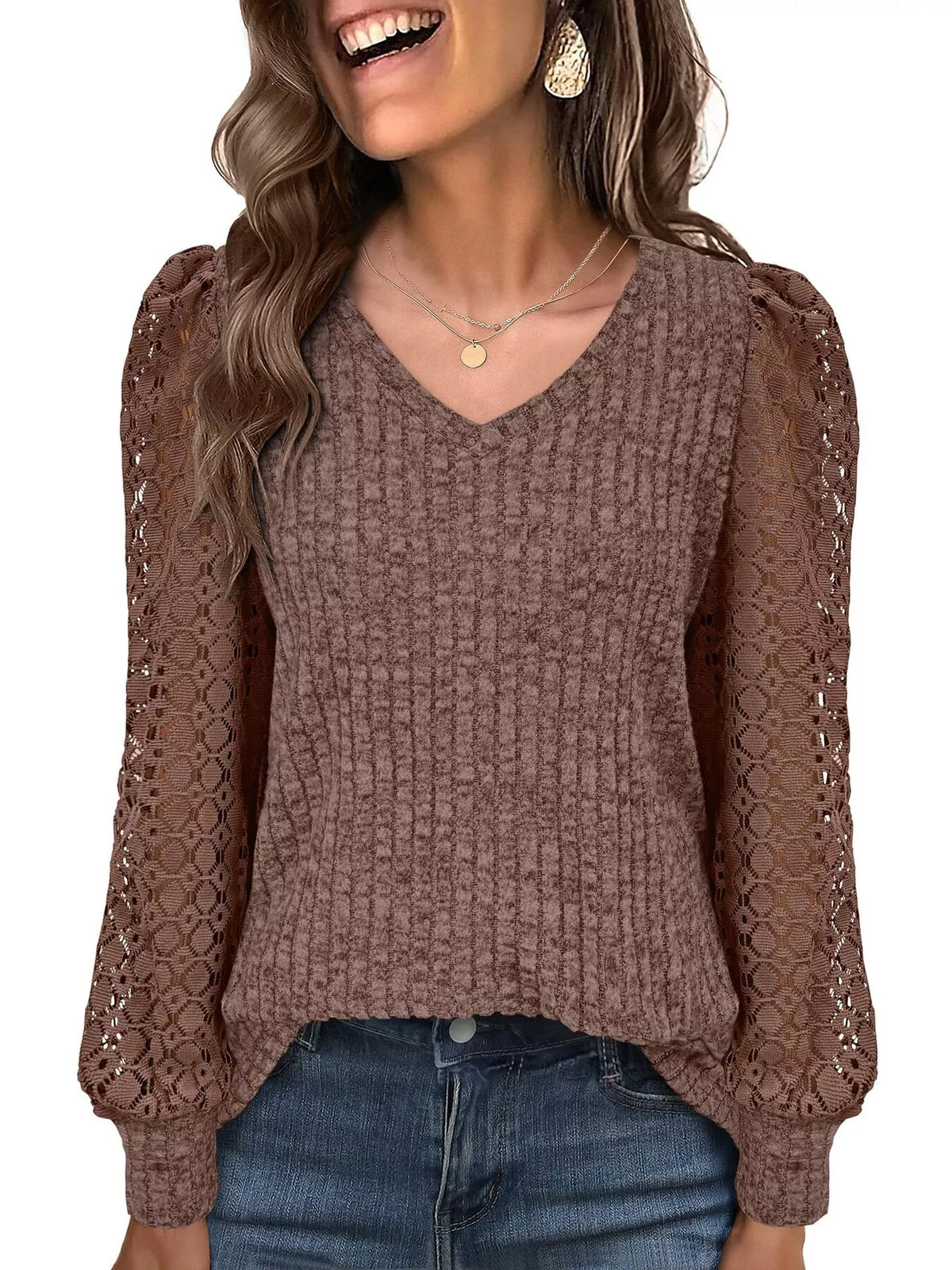 Lace Sleeve V-neck T-shirt (30)