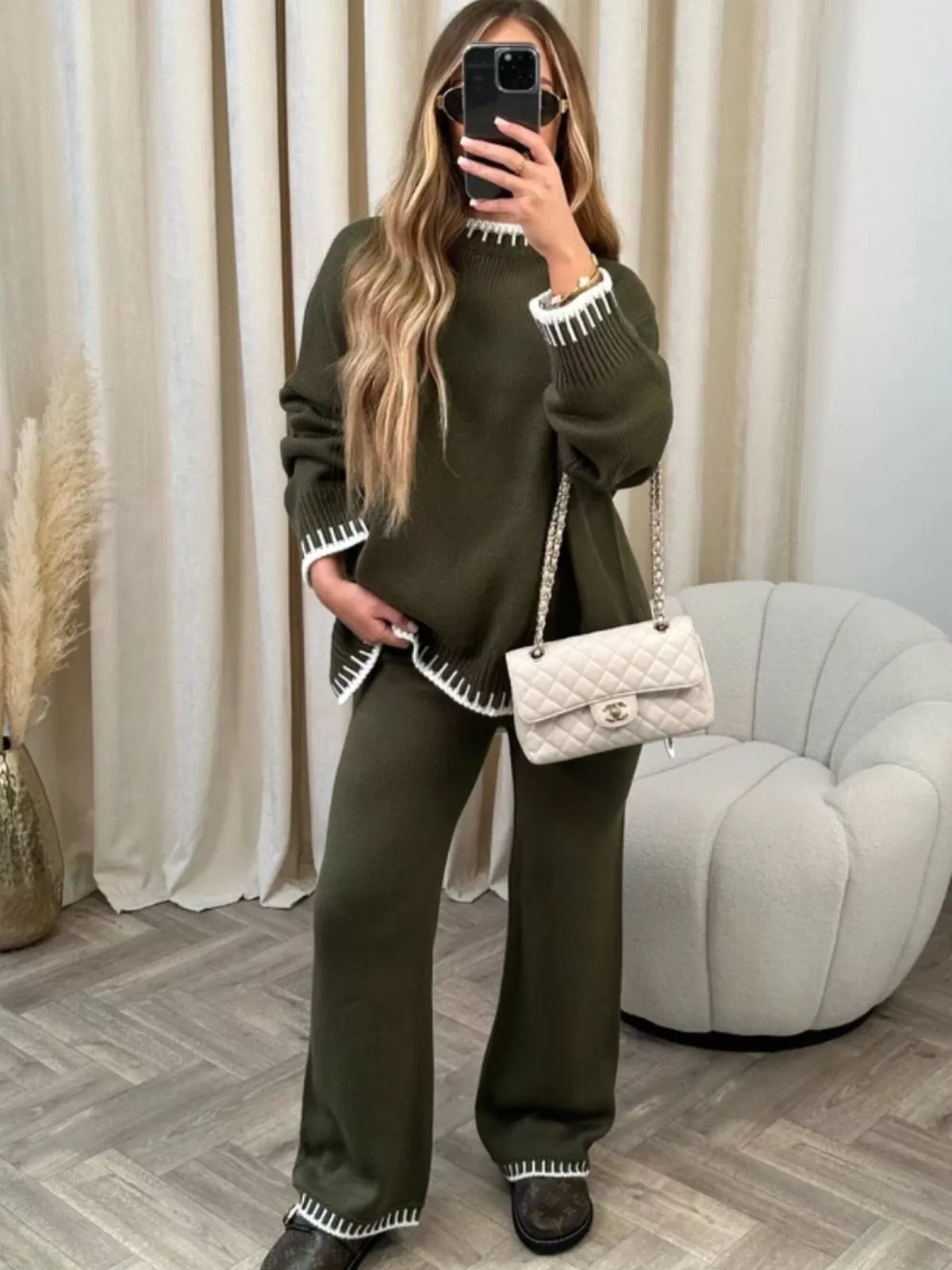 Contrast Trim Round Neck Top Pants Sweater Set