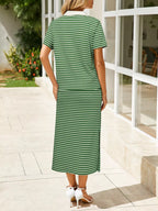 Striped Polo Collar Top Slit Skirt Two-piece Set (8)
