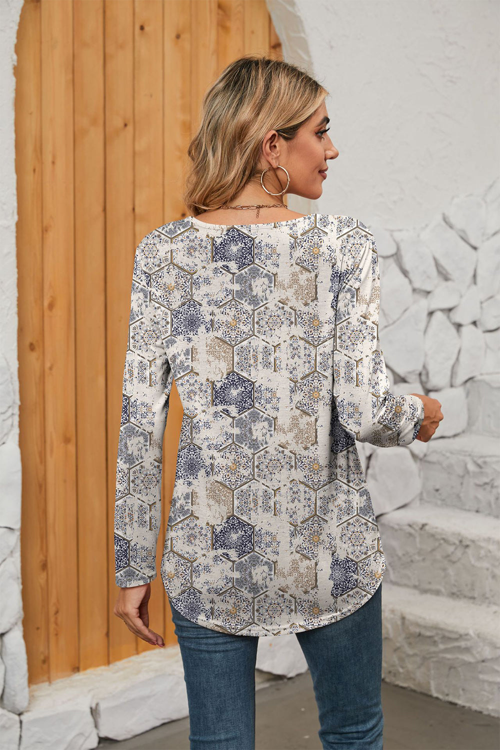 Printed Square Neck Long Sleeve Blouse (15)