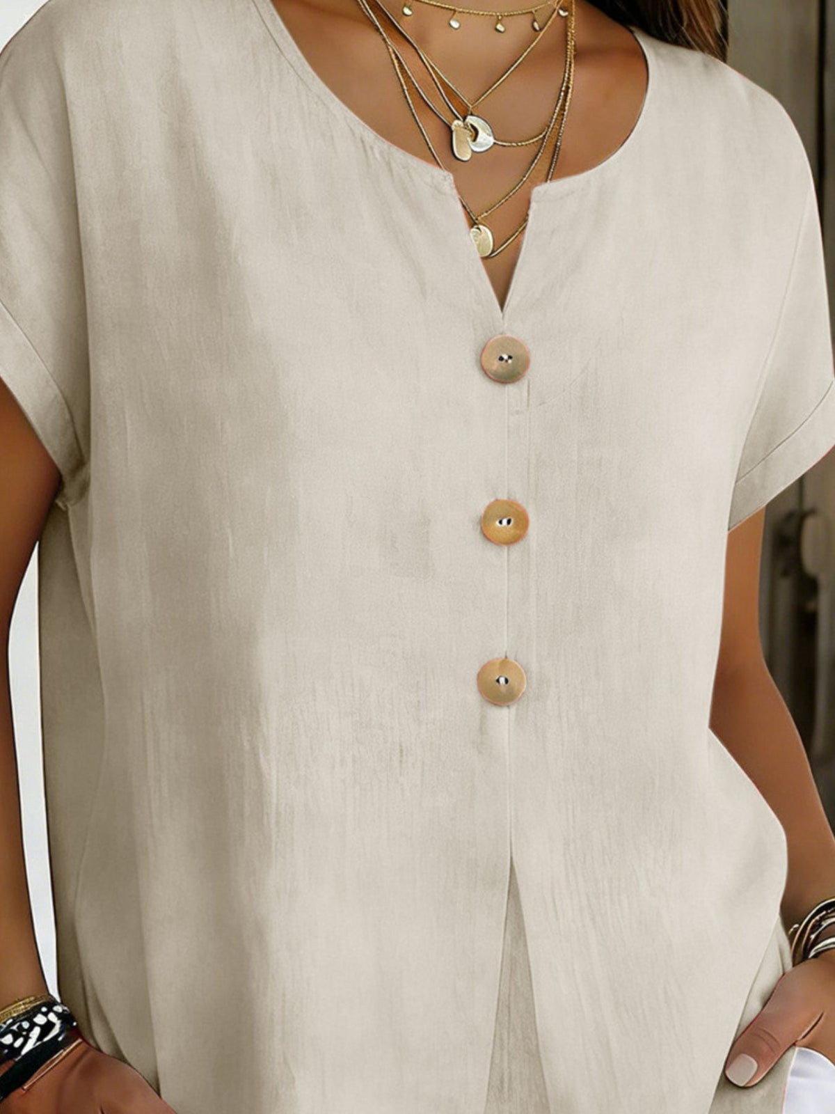 Decor Button Short Sleeve Blouse (11)