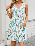 Printed V-neck Sleeveless Mini Dress Pockets